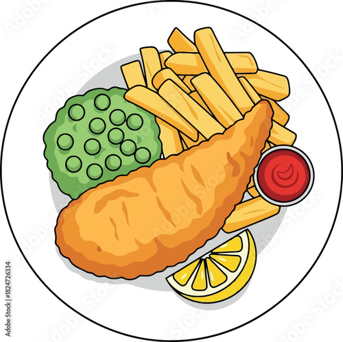 Illustration of Fish and Chips with Peas and Ketchup.