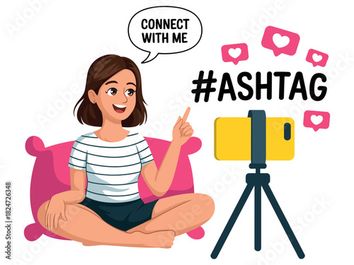 A young person sits on a cushion and records a video with a smartphone on a tripod.