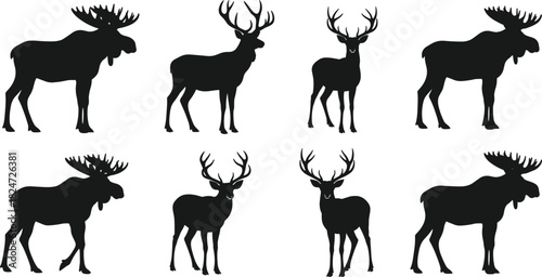 Set of Black Moose (Elk) and Deer Silhouettes with Large Antlers, Representing Forest Wildlife, Hunting, Wilderness, and Christmas Animals Vector.