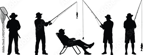 Set of Black Silhouettes Featuring Men Fishing with Rods, Net, and Relaxing in a Chair, Representing Hobbies, Leisure, Outdoor Sports, and Recreation.