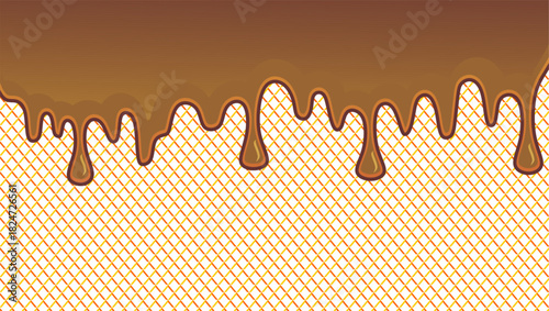 Wavy chocolate drip illustration. Choco border fresh dripped illustration background. Chocolate dripping on waffle pattern background. Dripping ice cream illustration. Melting syrup illustration.
