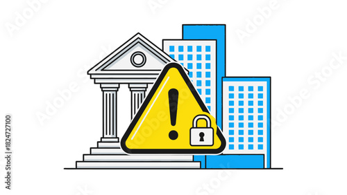 Illustration of a bank, skyscrapers, and a warning sign with a padlock, symbolizing financial security risks.