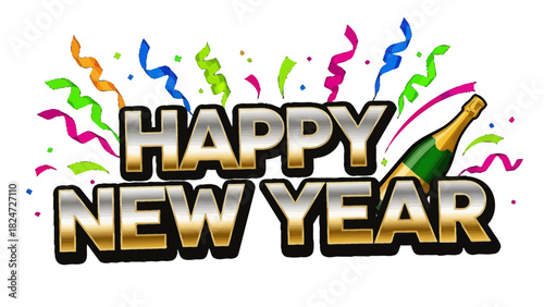 Happy New Year text with a champagne bottle and confetti, celebrating the new year.