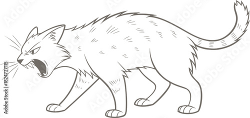 Angry cartoon cat arching its back and hissing loudly in . Fierce feline line art perfect for comics, mascot illustrations, and expressive artwork. Dynamic drawing full of power and emotion.