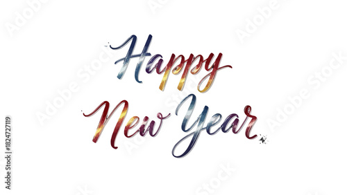 A colorful and elegant Happy New Year greeting, written in a stylish cursive font with a gradient effect.