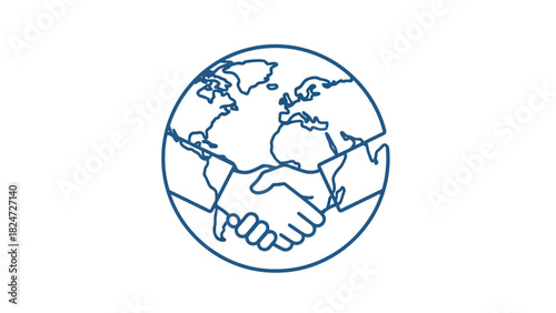 A stylized illustration of two hands shaking in front of a globe, symbolizing international cooperation and partnership.