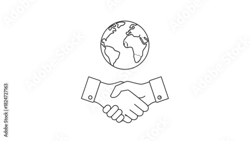 Illustration of a handshake below a globe, symbolizing international cooperation and partnership.