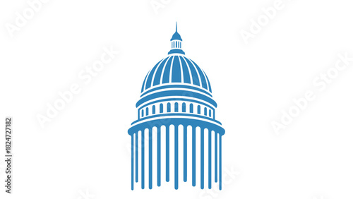 A stylized blue illustration of the United States Capitol Building dome with columns against a white background.