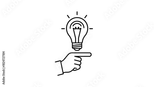 A hand pointing upwards with a glowing light bulb on the index finger, symbolizing an idea or innovation.