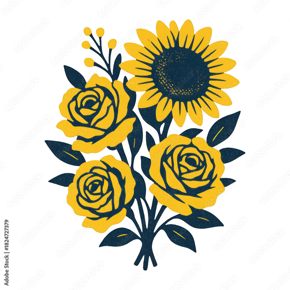 Fototapeta premium PNG Vintage floral illustration with sunflowers.