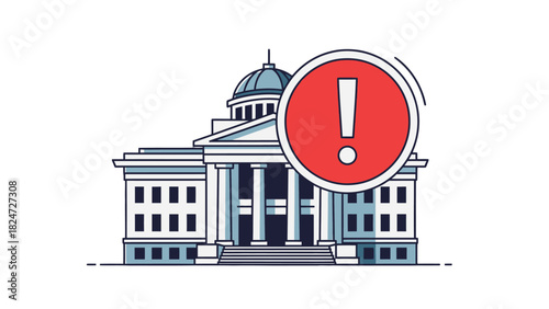 Illustration of a government building with a red exclamation point circle overlayed.