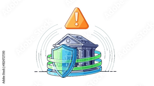 Vector illustration of a bank building secured by a shield with a risk warning alert icon.