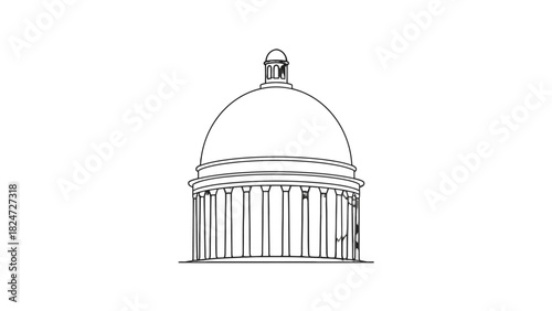 Detailed line drawing of a classical domed building with columns, resembling a capitol or monument, on a white background.
