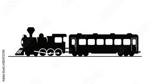 Silhouette of a black train with a locomotive and a passenger car, isolated on white background.