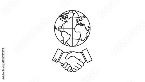 A black and white line art illustration depicting a globe above two hands shaking, symbolizing global partnership and international agreement.