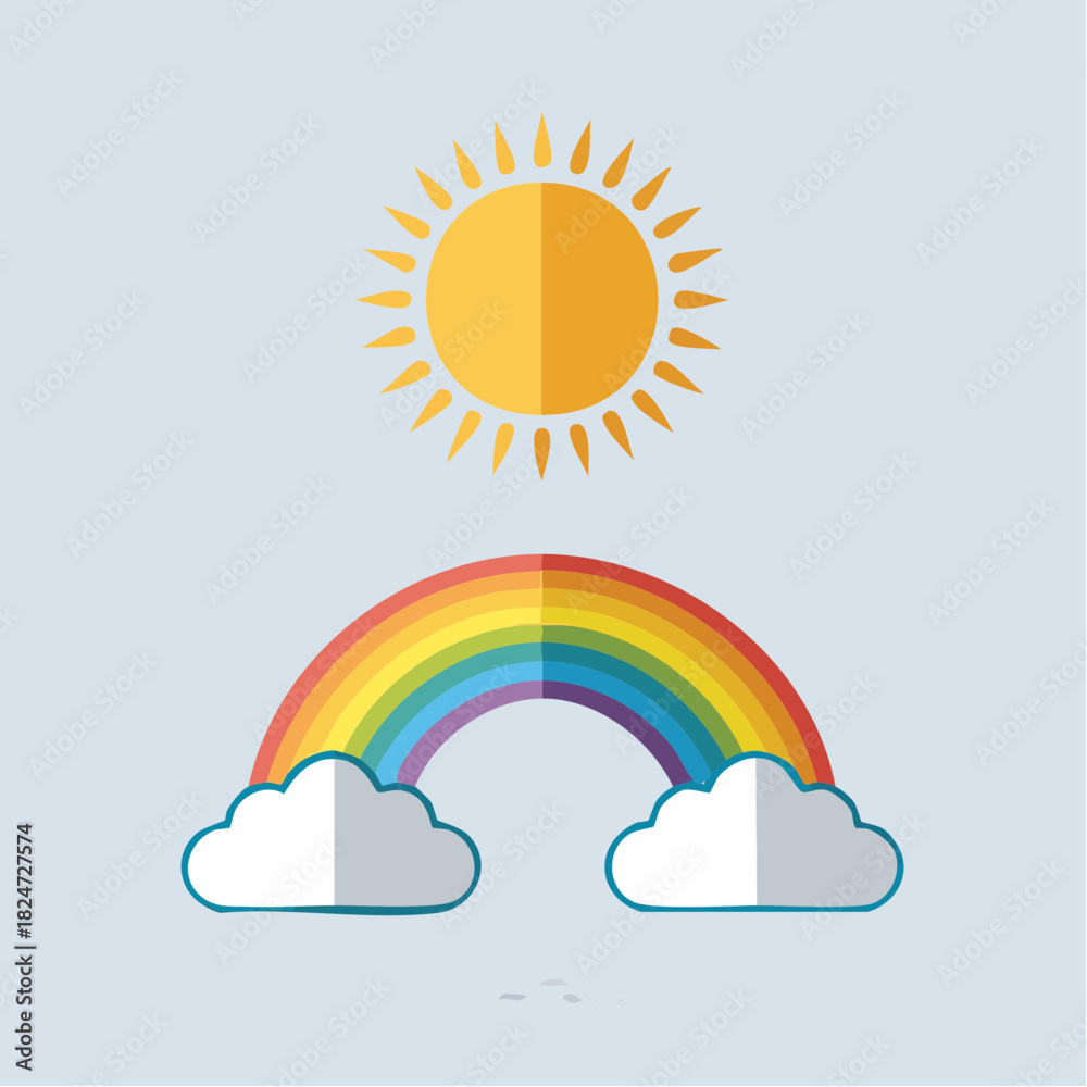 Fototapeta premium Vibrant vector art of sun and rainbow with cloudscape, perfect for weather and design