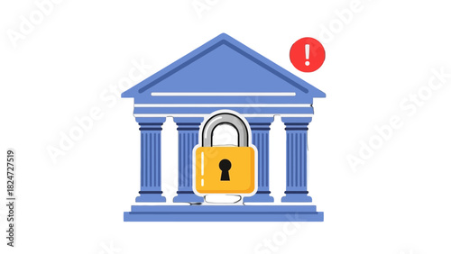 A bank building is secured with a large padlock and a red warning alert icon.