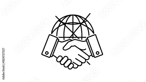 A black and white line art illustration depicting a global business partnership with a handshake in front of a stylized globe.