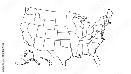 A detailed black and white outline map of the United States of America.