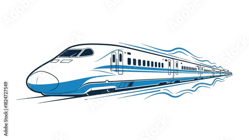 Illustration of a sleek, modern bullet train speeding along its tracks with a sense of motion.