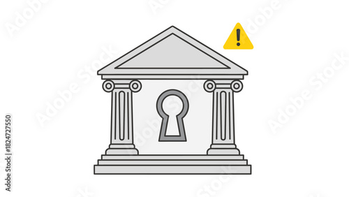 Illustration of a bank-like building with a keyhole and a warning sign, symbolizing a security vulnerability or data breach risk.
