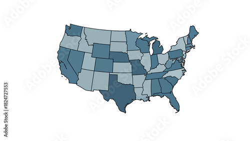 A map of the United States displaying each state with varying shades of blue.
