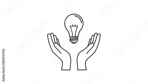 Minimalist line art icon of two open hands holding a floating lightbulb.