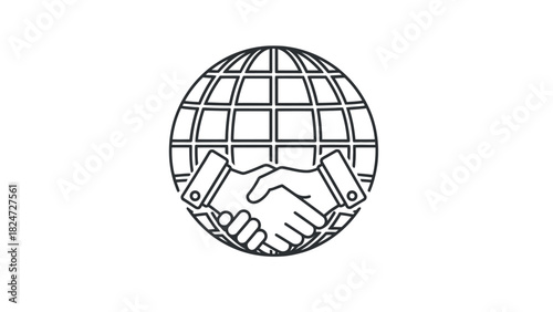 Illustration of two hands shaking in front of a stylized globe, symbolizing global cooperation and partnership.