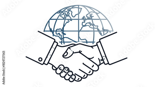 Outline drawing of two hands shaking in front of a globe, symbolizing global business partnership and agreement.