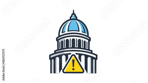 Illustration of a government building with a yellow warning sign in front of it.