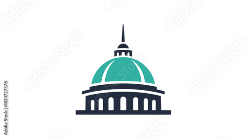 Minimalist vector icon of a government building with a large teal dome and classical architecture.