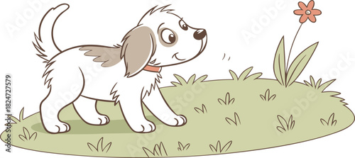 Cute cartoon puppy curiously looking at a flower on green grass. Playful dog illustration perfect for children’s stories, posters, or pet themes. Whimsical animal artwork full of charm and innocence.