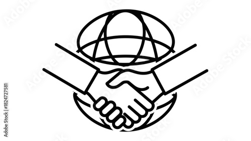 Illustration of two hands shaking in front of a globe symbolizing international cooperation and partnership.