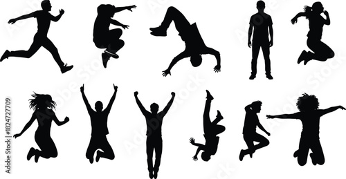 Set of Black Silhouettes Featuring People Jumping, Running, and Performing Acrobatics, Representing Freedom, Energy, Success, and Celebration.
