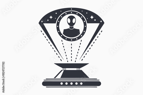 Bold line art shows an alien spaceship hovering with dashed beams emanating downwards