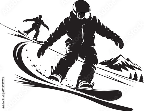 Dynamic Black and White Snowboarding Illustration with Mountain Backdrop