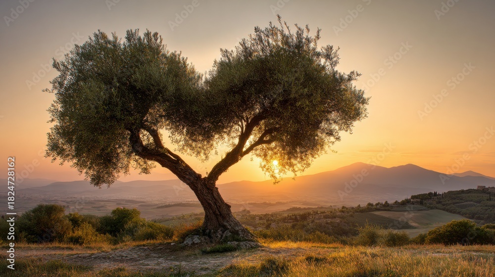 Obraz premium A unique heart-shaped tree stands tall as the sun sets behind rolling hills, casting a warm golden glow over the peaceful countryside. This tranquil setting captures the beauty of nature.