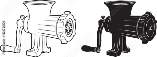 Vintage Meat Grinder Illustration: Line Art and Silhouette