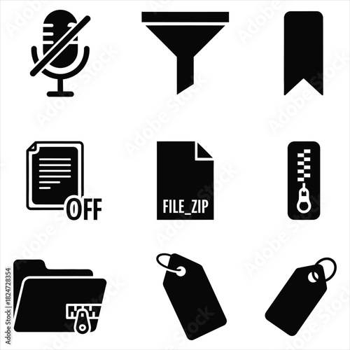 Set of nine simple black and white icons for web and app design