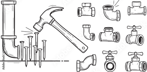 Plumbing and Construction Tools: Hammer, Pipes, Nails, and Valves