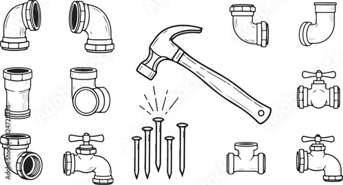 Plumbing and Construction Tools: Pipes, Faucets, Hammer, and Nails