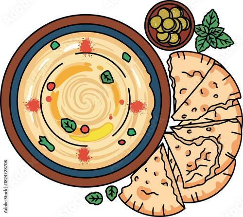 Delicious Hummus Plate with Pita Bread and Olives.