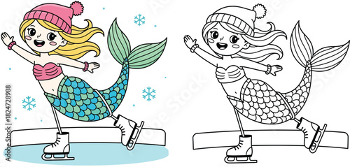 Cute mermaid girl ice skating in winter hat. Colorful and black and white outline vector illustration for coloring book page.