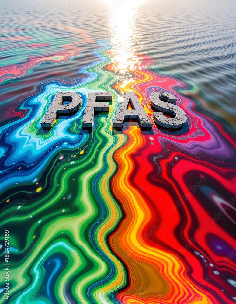 Naklejka premium The acronym PFAS, rendered in stone texture, emerges from a surface of water contaminated by vibrant, swirling chemical residue and sunlight.