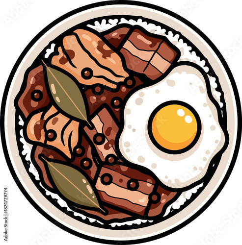 Filipino Adobo Dish with Egg and Rice in a Bowl.
