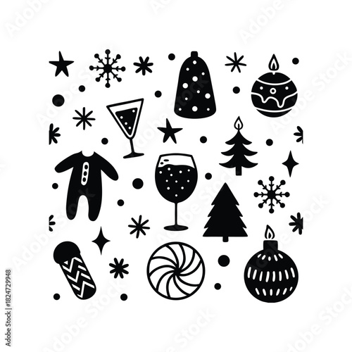 Festive Christmas Icons A charming collection of seasonal symbols, including snowflakes, ornaments, and holiday cheer elements for joyful designs
