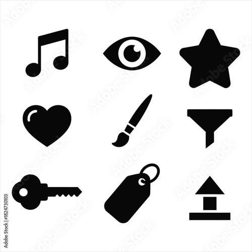 Collection of nine black grunge style icons on white background