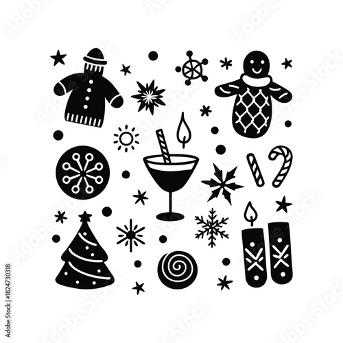 Festive Holiday Icon Set Featuring a Cozy Sweater, Gingerbread Man, Sparkling Cocktails, and a Collection of Winter Elements to Celebrate the Season