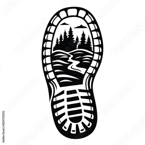A black footprint encompasses mountains, trees, and a flowing river landscape inside the silhouette