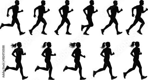 Set of Male and Female Runners Silhouettes in Various Dynamic Running Poses, Representing Exercise, Marathon, Fitness, and Healthy Lifestyle.